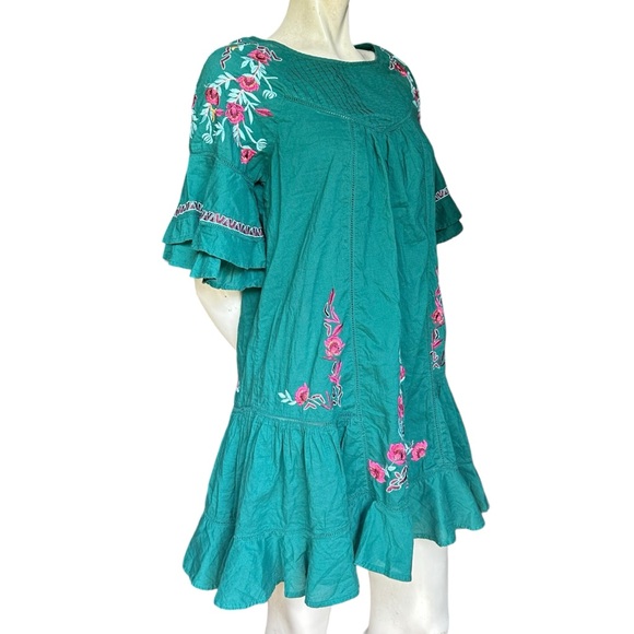 Free People Green Embroidered 3/4 Bell Sleeve Babydoll Boho Mini Dress Small - Picture 4 of 13